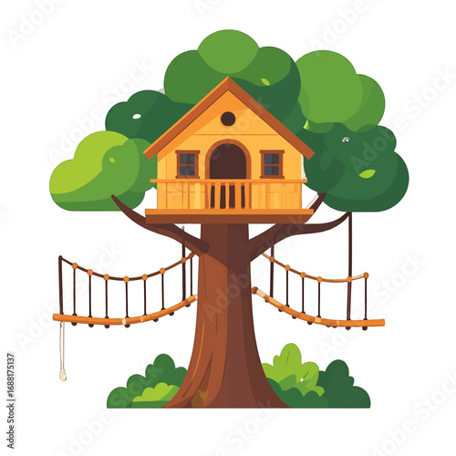 Charming Treehouse Amidst Lush Greenery with Pixelated Texture on White Background