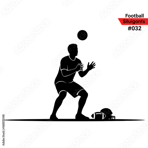 Dynamic athlete catching football in mid-air, ready for game action, with helmet and ball nearby
