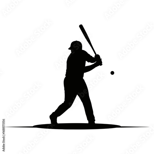 Dynamic silhouette of a baseball player swinging a bat at a pitched ball, capturing the decisive moment of athletic action and competition