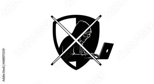 Hooded Hacker Figure with Crossed Sticks and Shield Icon.