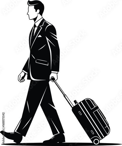 Business traveler walking with suitcase in airport terminal, professional man in suit, travel concept, corporate journey, vector silhouette illustration