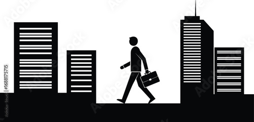 Businessman walking with briefcase in cityscape, urban commute silhouette, professional lifestyle concept, black and white vector illustration