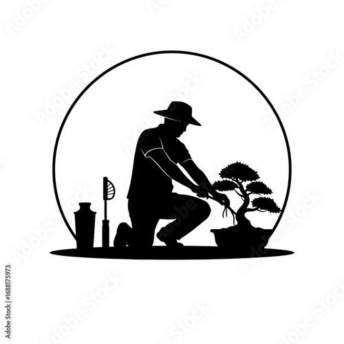 Dedicated gardener meticulously shaping a miniature bonsai tree with precision tools, embodying patience and artistic horticultural skill.