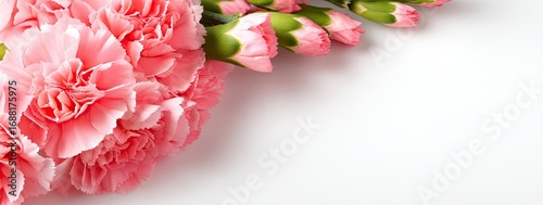 Delicate pink carnations in a cluster, arranged in a corner, against a white background
