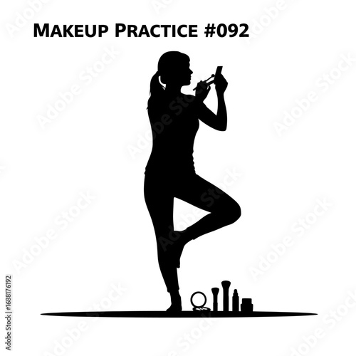 Woman balancing with makeup tools, practicing beauty routine and self-care with focus and precision