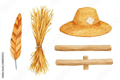Watercolor Scarecrow Clipart Set - Harvest Tones with Straw Hat, Tuft, Wooden Crossbar, Crow Feather - Halloween Illustration on White Background