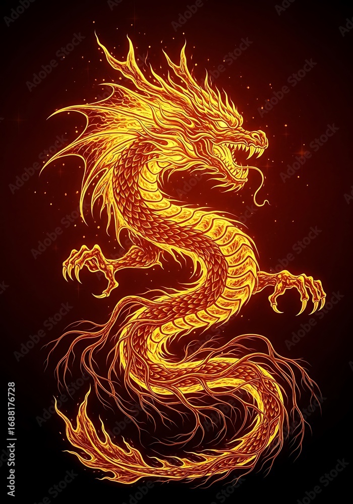 Obraz premium Radiant serpentine majesty an incandescent stylized dragon illustration on deep crimson backdrop a symbol of power