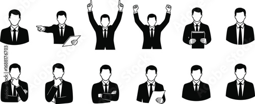 Set of 10 business man silhouettes in suit showing gestures like thinking, cheering, pointing, presenting, black and white vector illustration