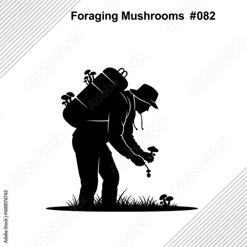 Dedicated forager skillfully gathers fresh mushrooms, filling backpack with bounty from nature's forest floor