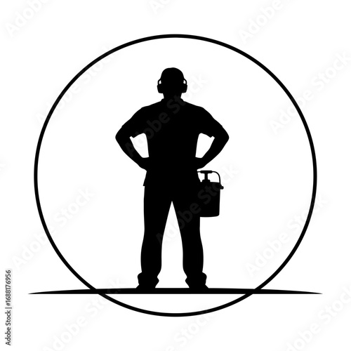 Confident worker with tools in a circle emblem, ready for industrial tasks and professional projects, symbolizing expertise and readiness