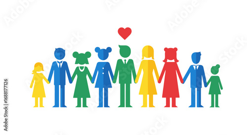 Diverse vector illustration of a colorful family holding hands, symbolizing unity, love, and inclusivity, suitable for social campaigns and community outreach programs.