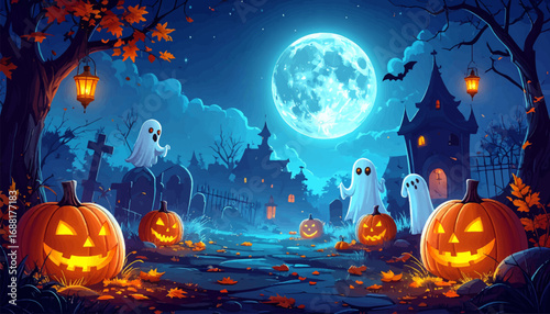 Moonlit Halloween pumpkins and ghosts. Haunted house and pumpkins in moonlight. Scary Halloween pumpkins and spooky ghosts. Halloween graveyard with glowing pumpkins. Full moon, ghosts, and pumpkins