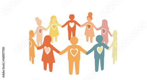 Diverse Community Circle Holding Hands with Heart Symbols, Promoting Unity, Love, and Global Cooperation for Social Awareness and Charitable Causes.