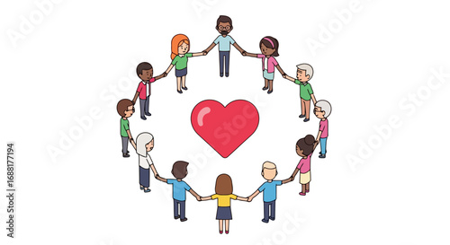 Diverse Community Holding Hands in Unity Around a Heart Symbol, Promoting Togetherness and Support, Ideal for Social Campaigns and Community Outreach Programs