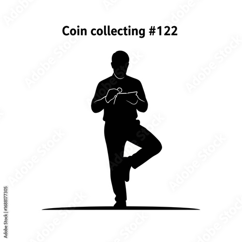 Dedicated collector meticulously examining rare coin with focused intensity in a stylized silhouette