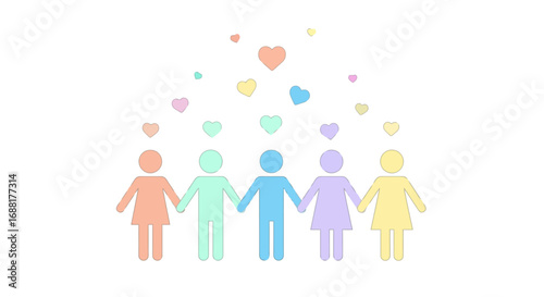 Diverse group of pastel-colored figures holding hands with hearts above, symbolizing unity, love, and community support for social causes and inclusivity initiatives.