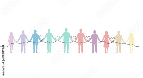 Diverse group of interconnected people holding hands with love, ideal for illustrating unity, community, diversity, social awareness, and inclusive initiatives