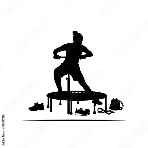 Dynamic silhouette of a person energetically bouncing on a mini trampoline with workout gear nearby, capturing fitness motivation