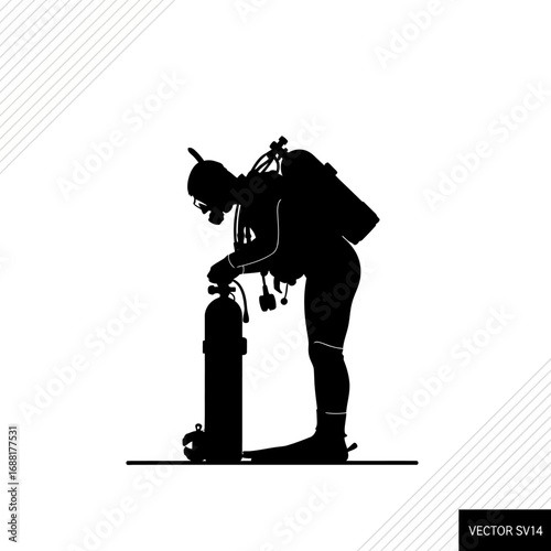 Dynamic silhouette of a scuba diver preparing dive gear for underwater exploration adventure