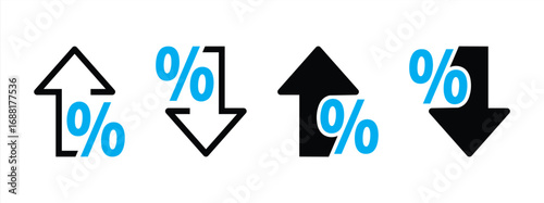 Percentage growth and decline icons set. Percent arrow up and down flat and line style symbols collection - stock vector.