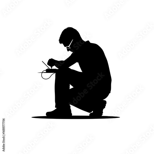 Focused coder intently working on laptop in silhouette, symbolizing dedication and innovation in technology development.