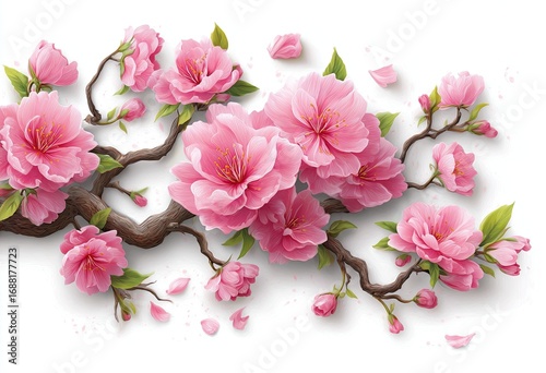 Delicate pink cherry blossoms on a branch, detailed and realistic