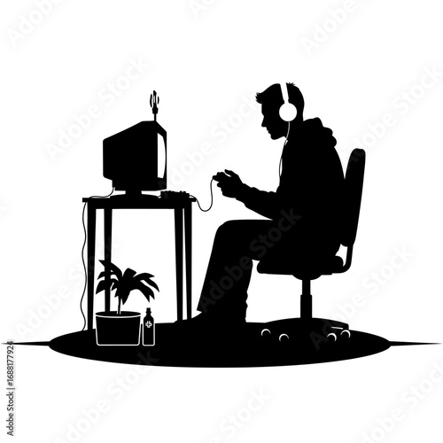 Engrossed gamer in headphones intensely focused on vintage computer screen, controller in hand, immersed in digital world