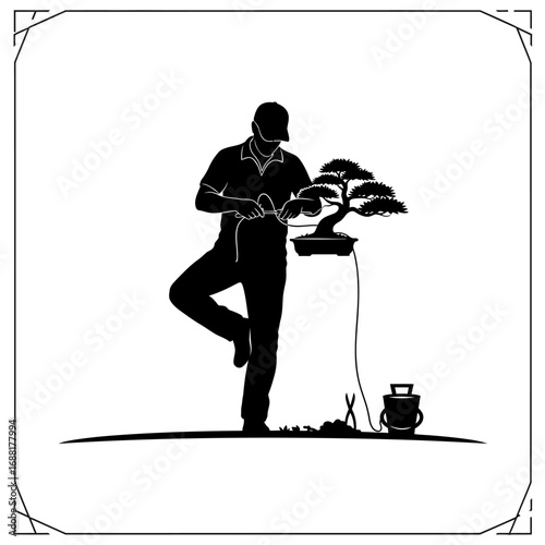 Dedicated gardener meticulously shaping a miniature bonsai tree with wire, embodying patience and artistic expression in a serene cultivation moment.