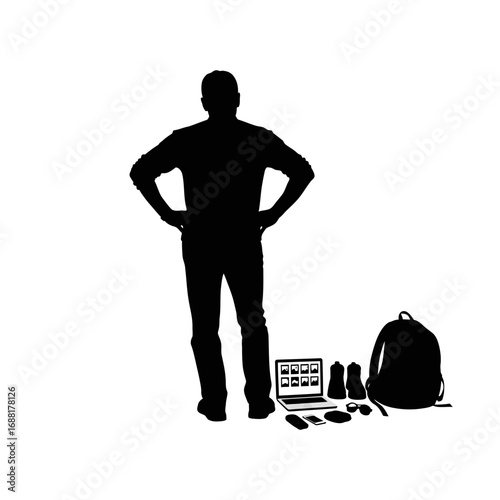 Confident traveler ready for adventure with laptop, gear, and backpack, planning journey with digital tools and essentials