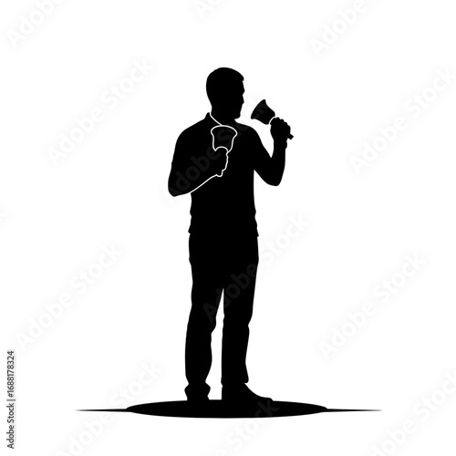 Dynamic businessman enthusiastically announcing important news with a megaphone and bell, capturing attention and driving action