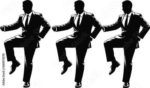 Three identical silhouettes of businessman in high-step motion, synchronized walking pose, formal attire, black and white vector illustration