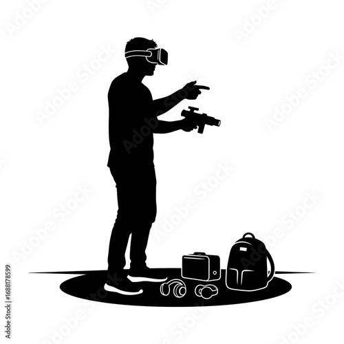 Immersive virtual reality gamer with headset and controller aiming in futuristic digital world, surrounded by gaming gear for ultimate experience