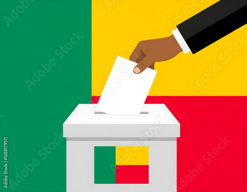 Flat vector illustration of people placing votes into ballot box during Benin election.