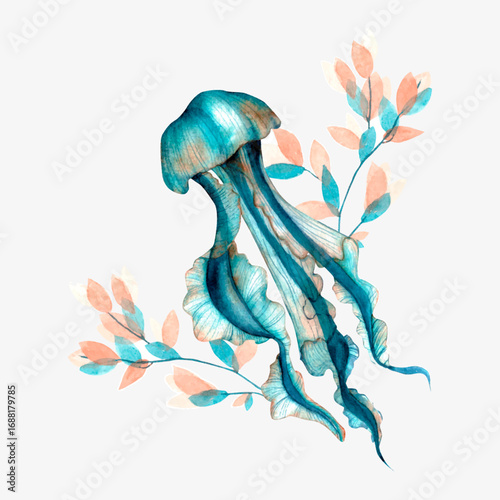 vector watercolor jellyfish in algae. hand-drawn marine vector illustration