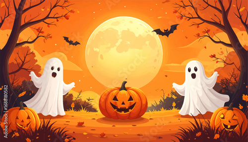 Spooky pumpkins and ghosts. Halloween ghosts and pumpkins on orange sky. Cute ghosts with pumpkins and bats in fall. Autumn Halloween with ghostly figures. Fun Halloween pumpkins with ghost friends