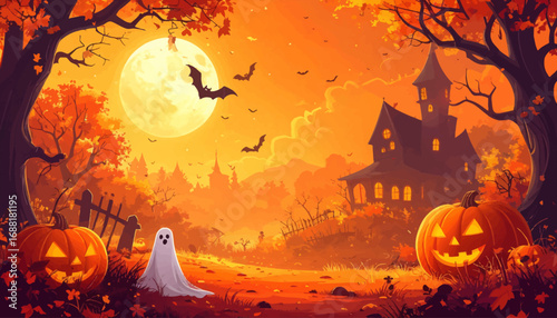Halloween night with pumpkins and ghost. Spooky moon and Halloween decorations. Haunted house with pumpkins and bats. Ghost and pumpkin patch on Halloween night. Spooky full moon and pumpkins at dusk