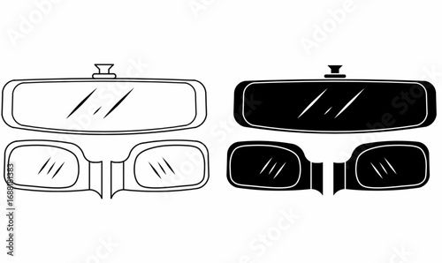 Black and white vector illustration of car rearview mirror and side mirrors set, simple automotive icon design, useful for transport, mechanic, or driving concept.
