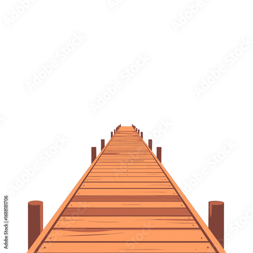 Perspective View of Wood Pier With Railings Against Clean White Background in Low Resolution