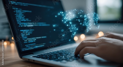 Close-up of hands typing on a laptop with code displayed and a world map graphic overlay