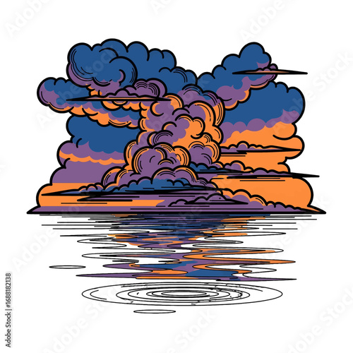 Stylized Sunset Scene with Purple Clouds and Horizontal Lines Reflection Illustration