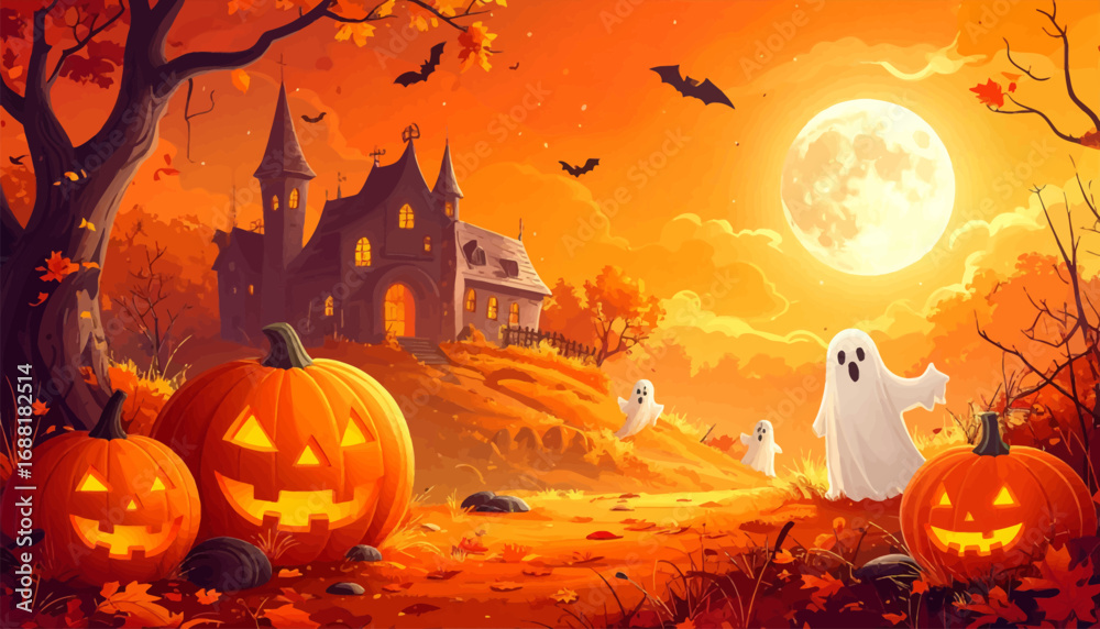 Fototapeta premium Full moon, bats, and Halloween decorations. Spooky Halloween scene with glowing pumpkins. Halloween scene with ghost and pumpkins. Eerie Halloween night with pumpkins and bats. Ghosts and pumpkins
