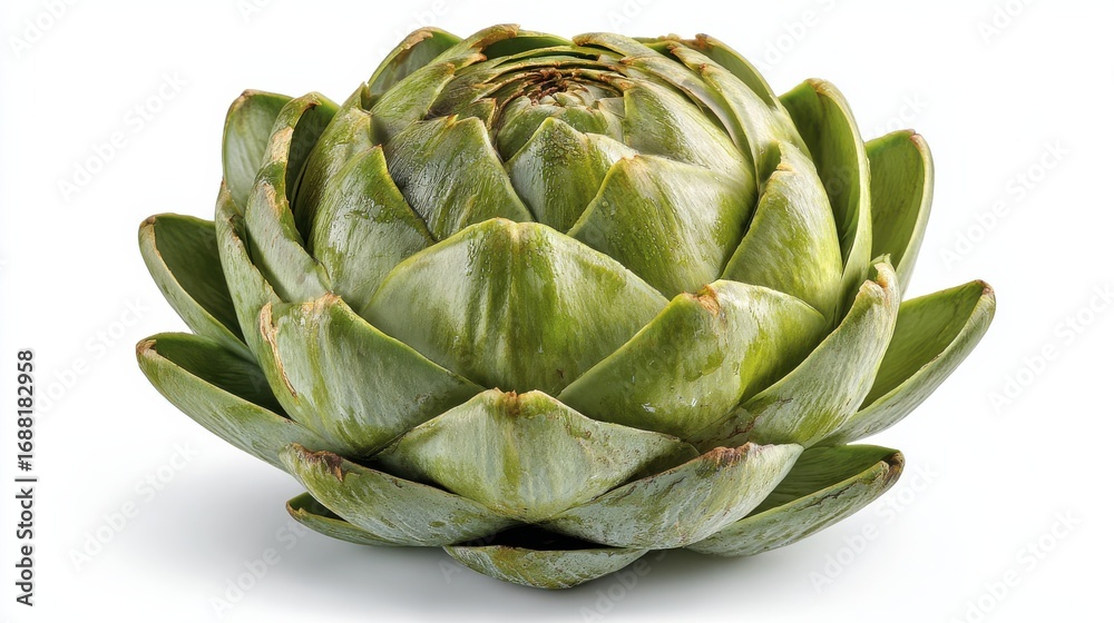 Obraz premium Fresh artichoke on a white background showcasing its unique green petals and intricate texture, perfect for food photography and culinary concepts