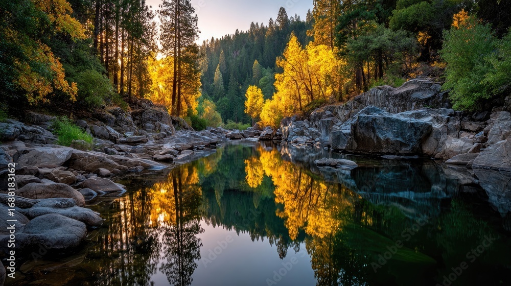 Obraz premium Golden autumn stream reflects vibrant trees