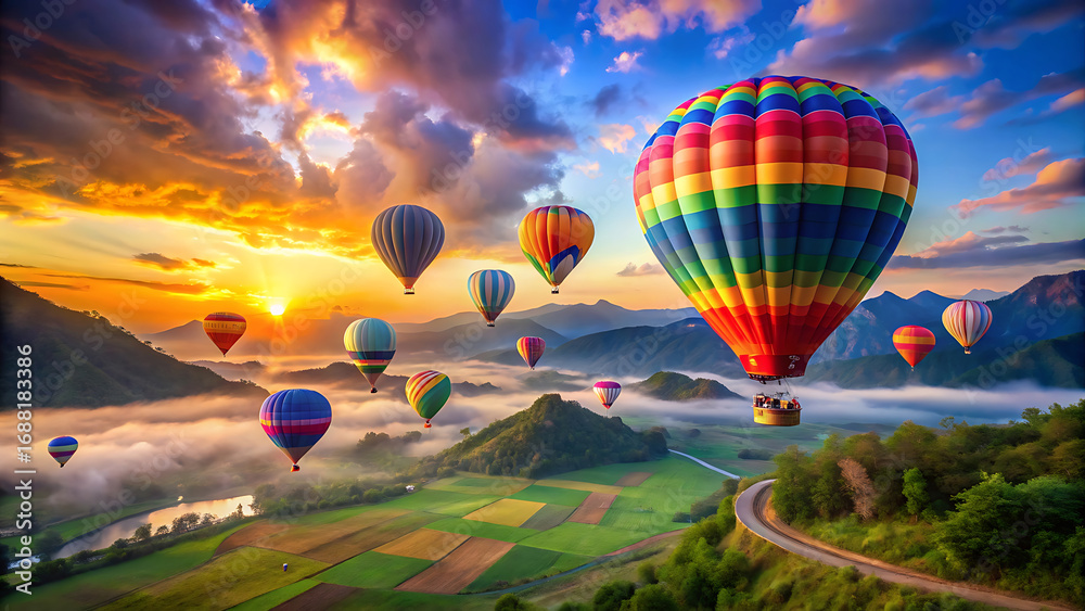 Naklejka premium Glowing rainbow hot air balloons flying over valley fantasy landscape