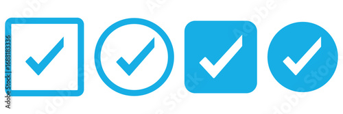 Complete checkmark icons in various shapes representing approval, success, and validation concepts