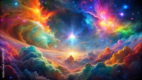 Fototapeta Naklejka Na Ścianę i Meble -  Glowing rainbow nebula clouds in cosmos colorful outer space scene