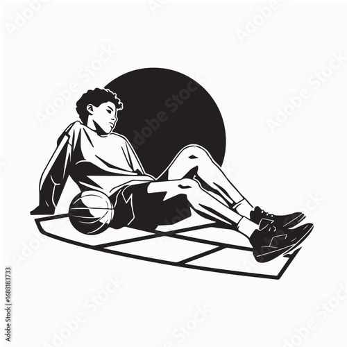 Basketball Player Resting in Middle of Empty Court Vector Scene on white background