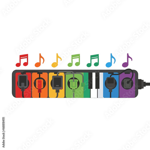 Colorful Music Synthesizer Featuring Pixelated Design With Headphone Cables Rainbow Hues And Decorative Musical Notes Isolated On White Background Illustration