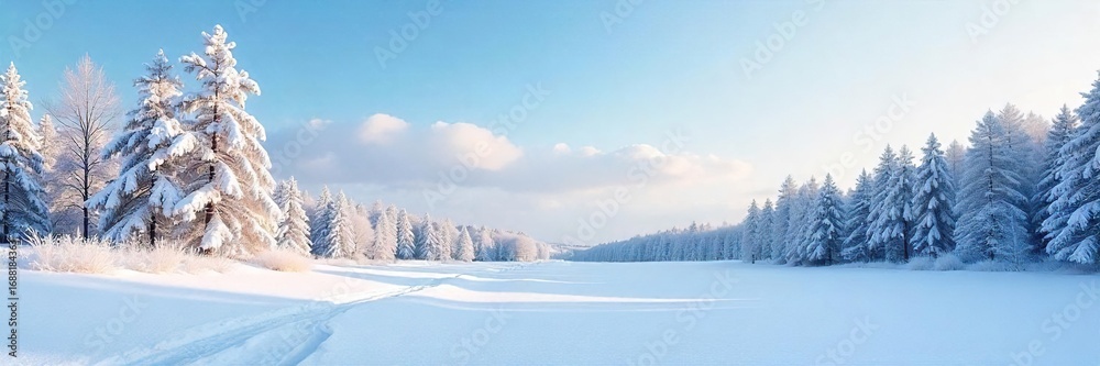 Obraz premium Serene winter scene featuring a snow-covered landscape under a clear sky Perfect for winter holiday, travel, or nature themed projects Tranquil, pristine, and picturesque , frozen, snowfall