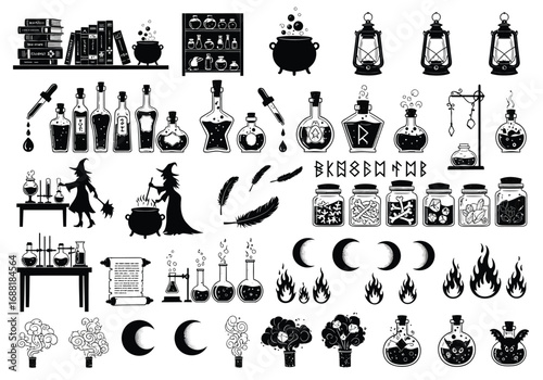 Witchcraft in a Mysterious Laboratory with Magical Elements and Ingredients